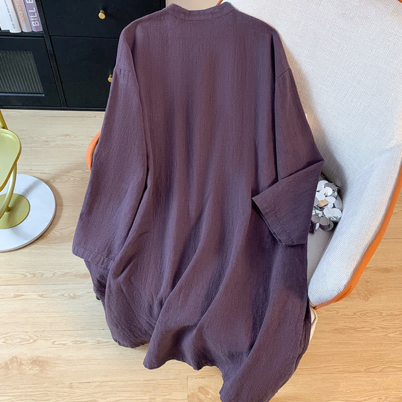 Camisa informal de lino y algodón de manga larga con cuello alto y botones de rana para mujer de Buddha Stones - image 2