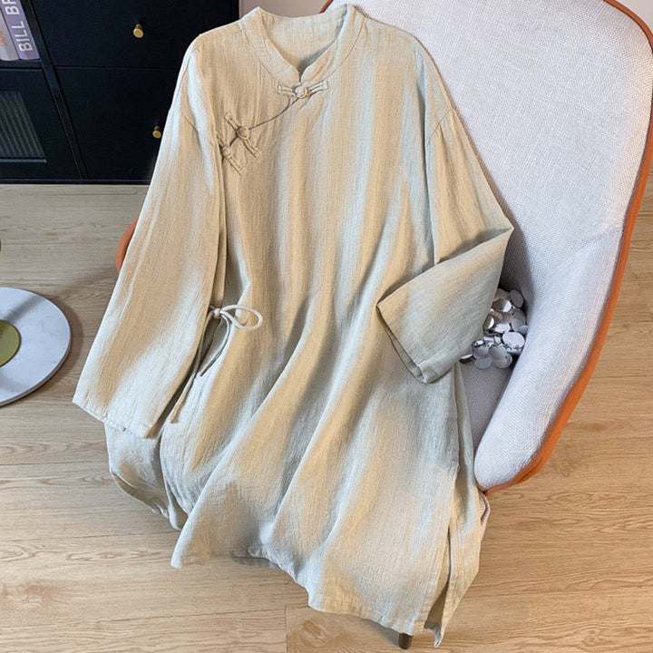Camisa informal de lino y algodón de manga larga con cuello alto y botones de rana para mujer de Buddha Stones - Beige - US8-10，UK/AU12-14，EU40-42 (2XL) - image 11
