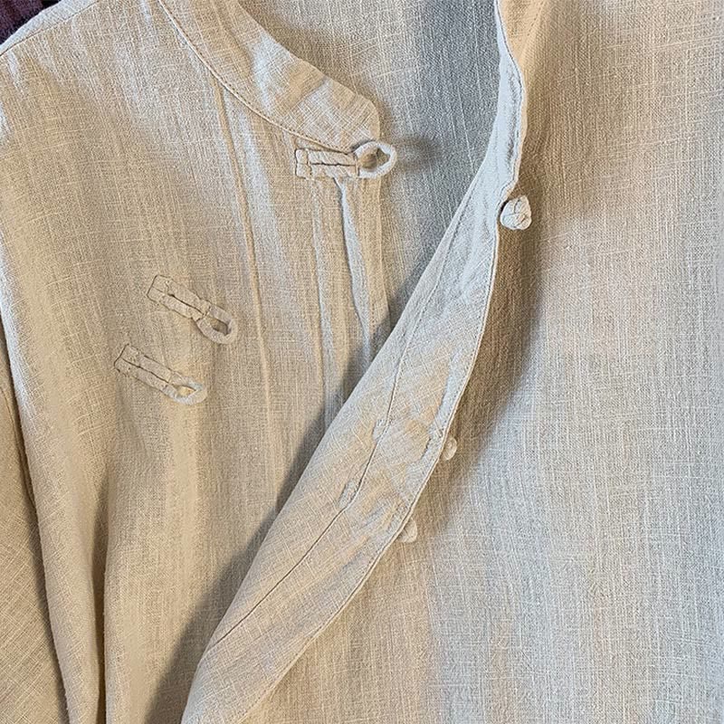 Camisa informal de lino y algodón de manga larga con cuello alto y botones de rana para mujer de Buddha Stones - image 18