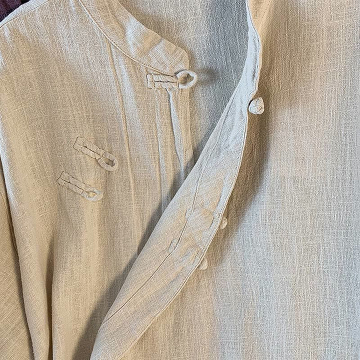 Camisa informal de lino y algodón de manga larga con cuello alto y botones de rana para mujer de Buddha Stones - image 18