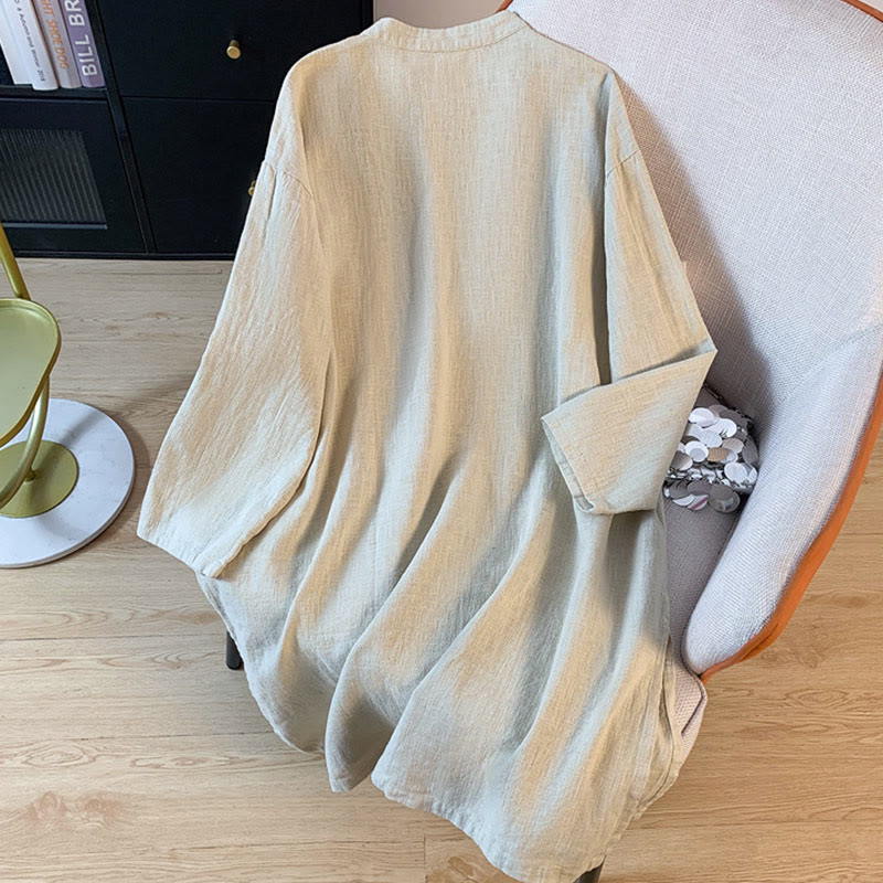 Camisa informal de lino y algodón de manga larga con cuello alto y botones de rana para mujer de Buddha Stones - image 12