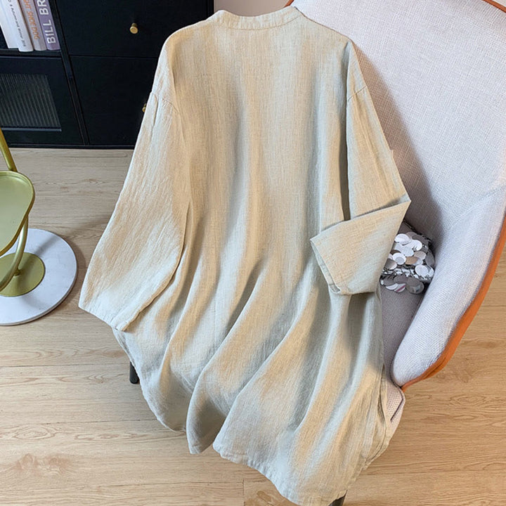 Camisa informal de lino y algodón de manga larga con cuello alto y botones de rana para mujer de Buddha Stones - image 12