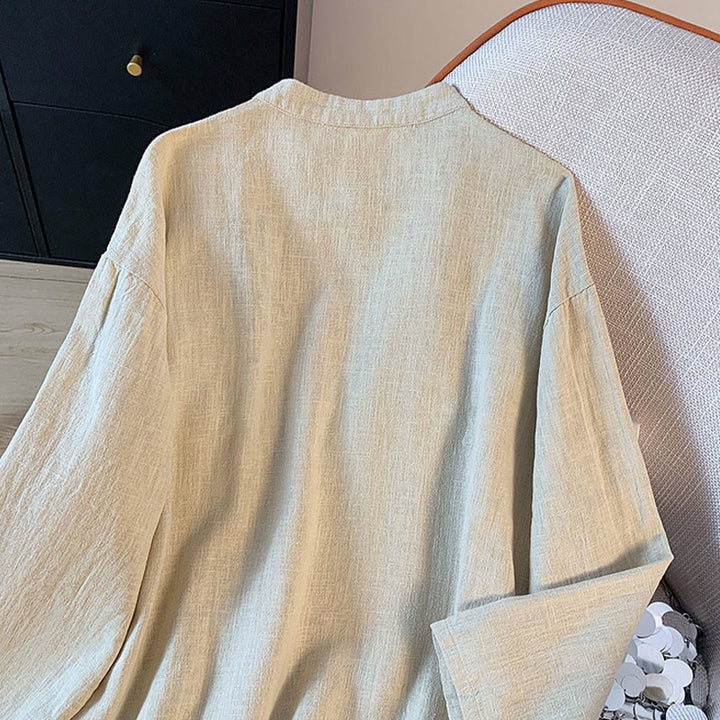 Camisa informal de manga larga con cuello alto y botones de rana para mujer de Buddha Stones - image 12