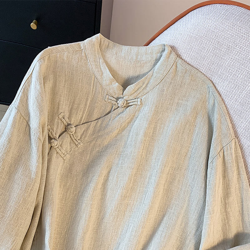 Camisa informal de lino y algodón de manga larga con cuello alto y botones de rana para mujer de Buddha Stones - image 14