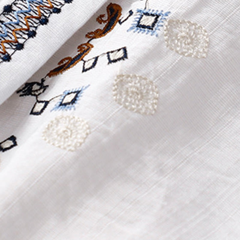 Camisa informal de manga corta con cuello en V y diseño bohemio de flores bordadas con Buddha Stones para mujer. - image 4