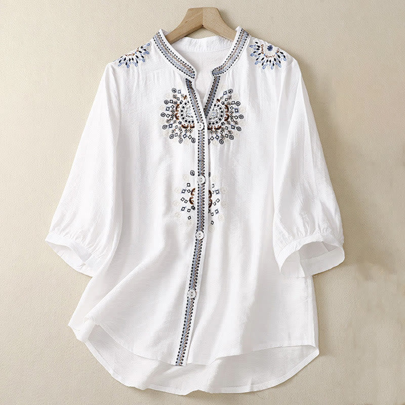 Camisa informal de manga corta con cuello en V y diseño bohemio de flores bordadas con Buddha Stones para mujer. - Blanco - US8-10，UK/AU12-14，EU40-42 (2XL) - image 0