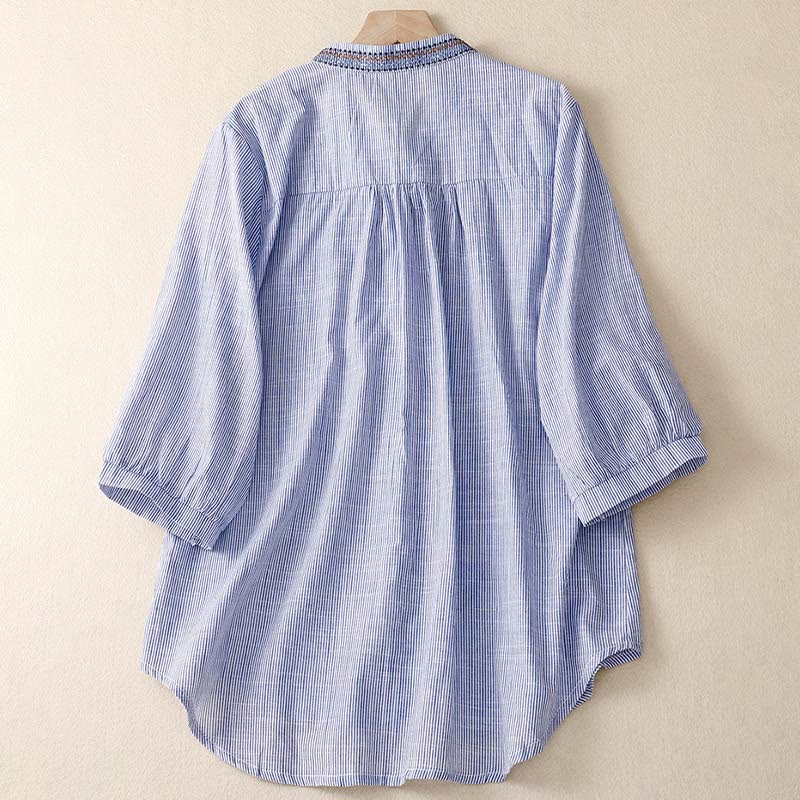 Camisa de lino y algodón de media manga con escote en V y diseño de flores bordadas de estilo bohemio para mujer con Buddha Stones - image 6