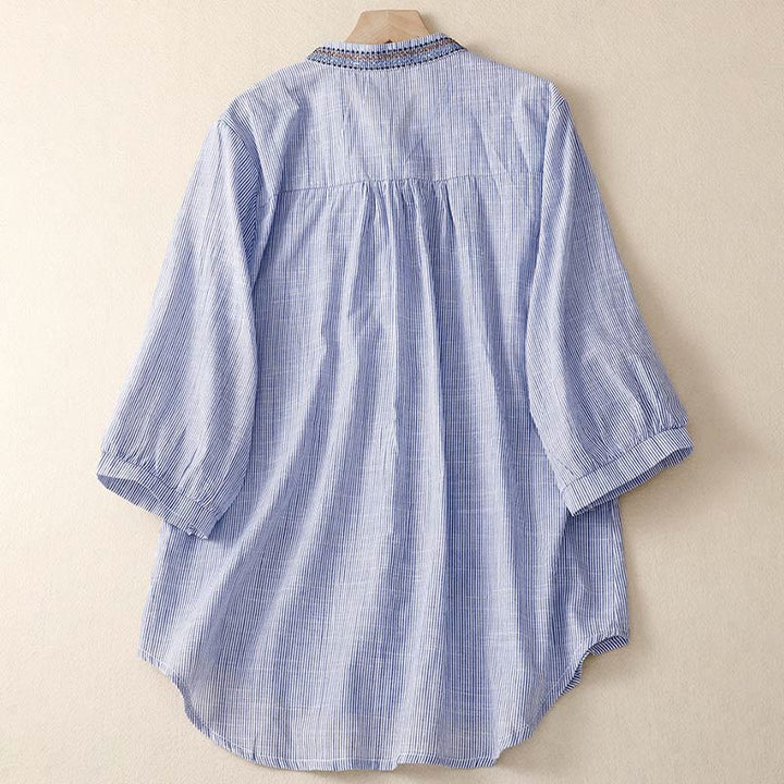 Camisa de lino y algodón de media manga con escote en V y diseño de flores bordadas de estilo bohemio para mujer con Buddha Stones - image 6