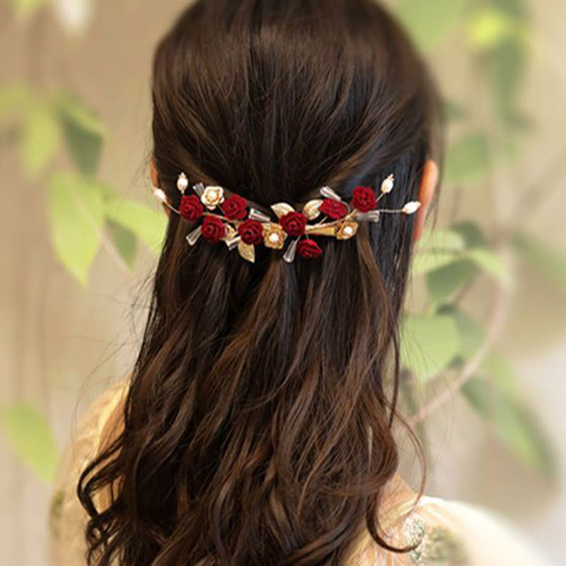 Pinza para el pelo con forma de rosa roja para novia, estilo oriental chino, con Buddha Stones