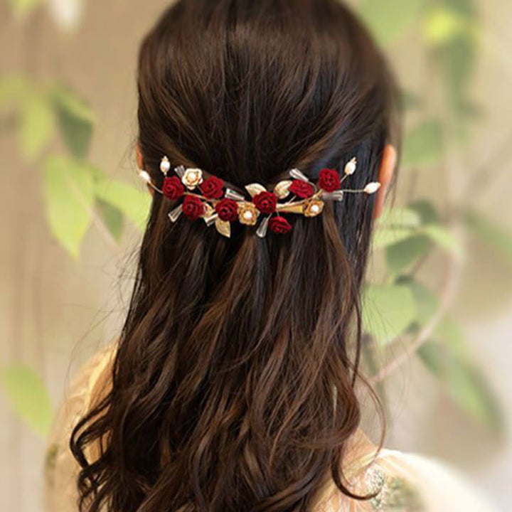 Pinza para el pelo con forma de rosa roja para novia, estilo oriental chino, con Buddha Stones