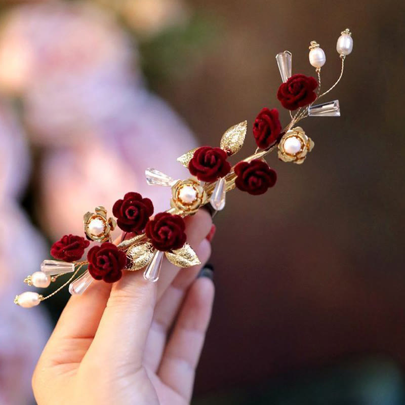 Pinza para el pelo con forma de rosa roja para novia, estilo oriental chino, con Buddha Stones