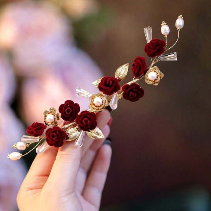 Pinza para el pelo con forma de rosa roja para novia, estilo oriental chino, con Buddha Stones