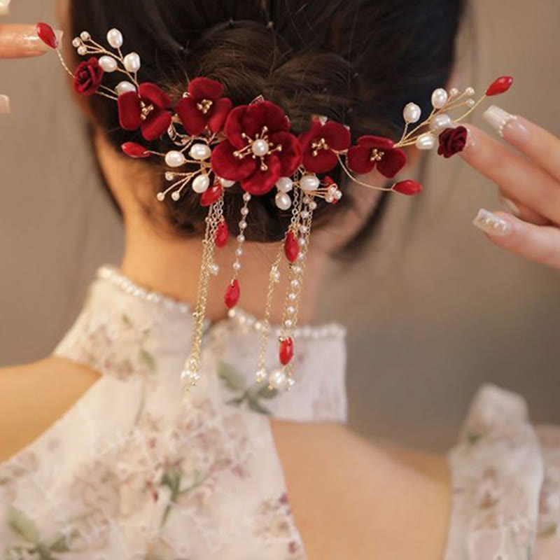 Pinza para el pelo con forma de rosa roja para novia, estilo oriental chino, con Buddha Stones