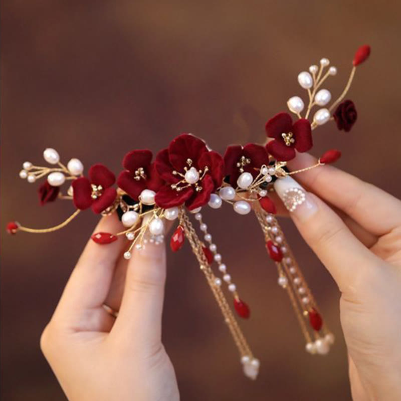 Pinza para el pelo con forma de rosa roja para novia, estilo oriental chino, con Buddha Stones
