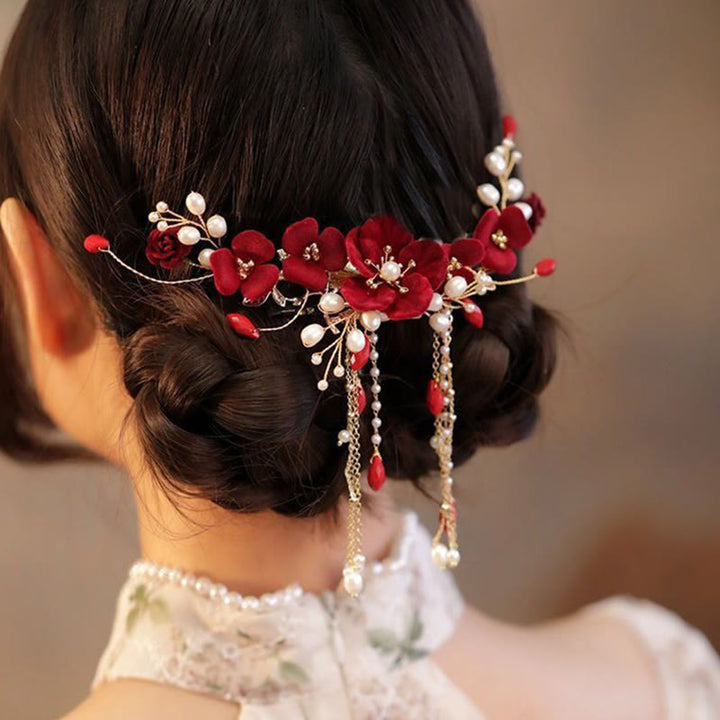 Pinza para el pelo con forma de rosa roja para novia, estilo oriental chino, con Buddha Stones