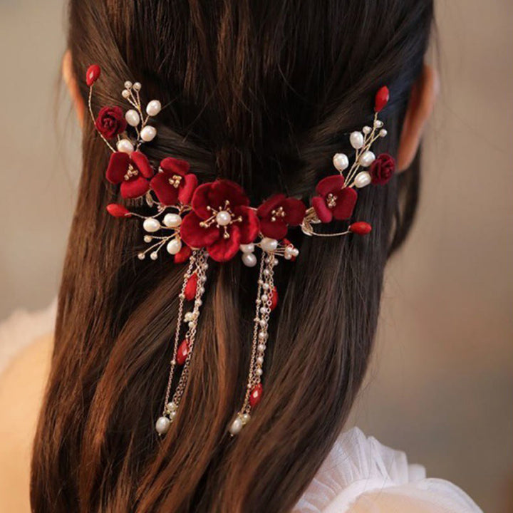 Pinza para el pelo con forma de rosa roja para novia, estilo oriental chino, con Buddha Stones