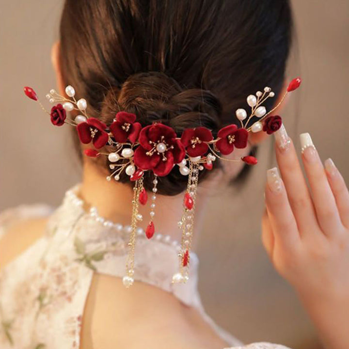 Pinza para el pelo con forma de rosa roja para novia, estilo oriental chino, con Buddha Stones