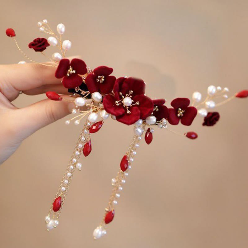 Pinza para el pelo con forma de rosa roja para novia, estilo oriental chino, con Buddha Stones