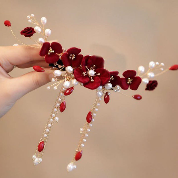 Pinza para el pelo con forma de rosa roja para novia, estilo oriental chino, con Buddha Stones