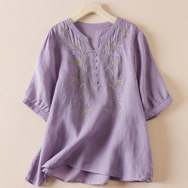 Camisa de algodón de manga corta con cuello en V y diseño de plantas bordadas informales con Buddha Stones para mujer