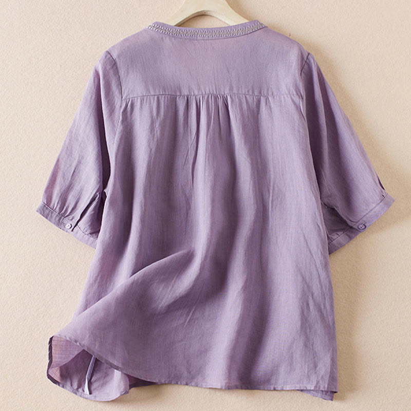 Camisa de algodón de manga corta con cuello en V y diseño de plantas bordadas informales con Buddha Stones para mujer
