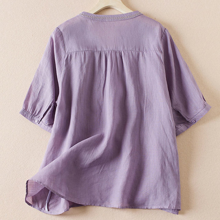 Camisa de algodón de manga corta con cuello en V y diseño de plantas bordadas informales con Buddha Stones para mujer