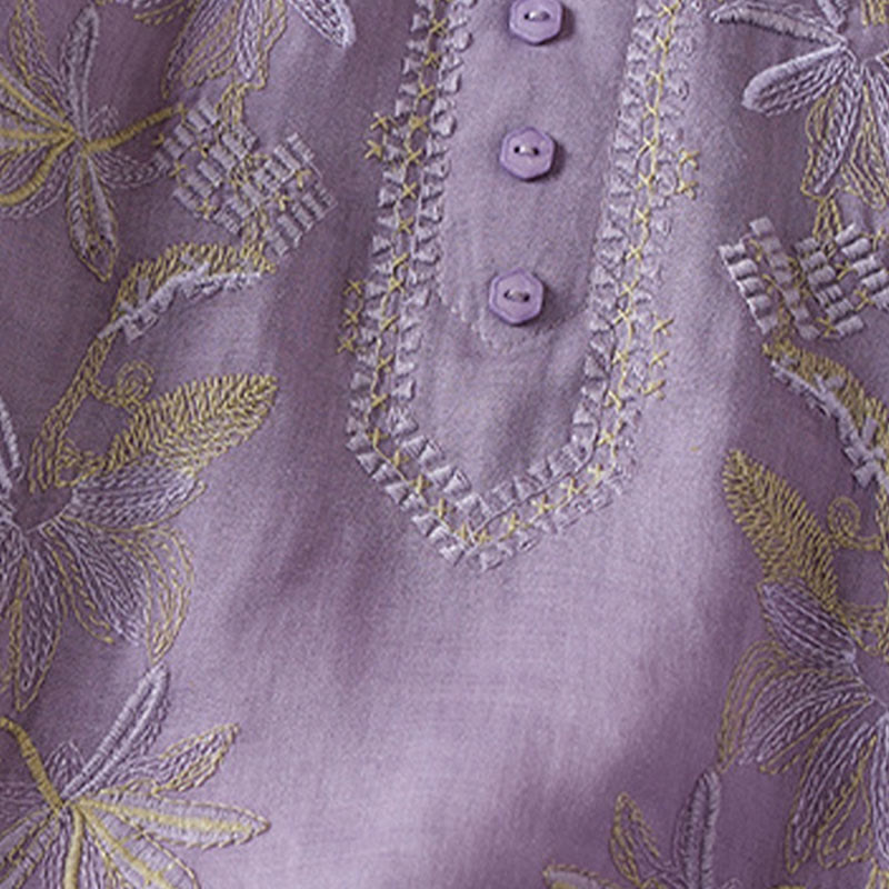 Camisa de algodón de manga corta con cuello en V y diseño de plantas bordadas informales con Buddha Stones para mujer