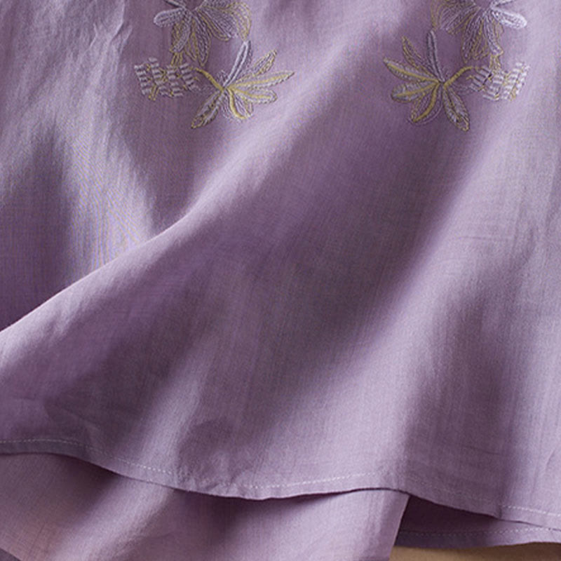 Camisa de algodón de manga corta con cuello en V y diseño de plantas bordadas informales con Buddha Stones para mujer