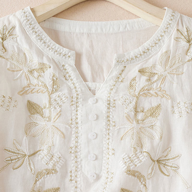 Camisa de algodón de manga corta con cuello en V y diseño de plantas bordadas informales con Buddha Stones para mujer
