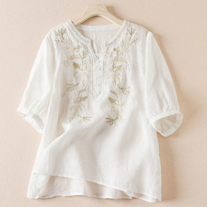 Camisa de algodón de manga corta con cuello en V y diseño de plantas bordadas informales con Buddha Stones para mujer