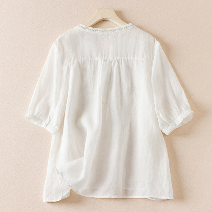 Camisa de algodón de manga corta con cuello en V y diseño de plantas bordadas informales con Buddha Stones para mujer