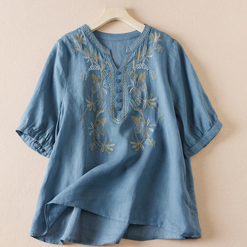 Camisa de algodón de manga corta con cuello en V y diseño de plantas bordadas informales con Buddha Stones para mujer