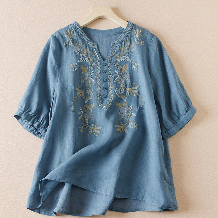 Camisa de algodón de manga corta con cuello en V y diseño de plantas bordadas informales con Buddha Stones para mujer