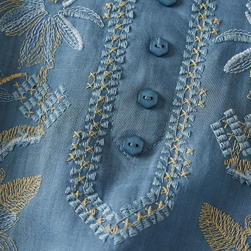 Camisa de algodón de manga corta con cuello en V y diseño de plantas bordadas informales con Buddha Stones para mujer