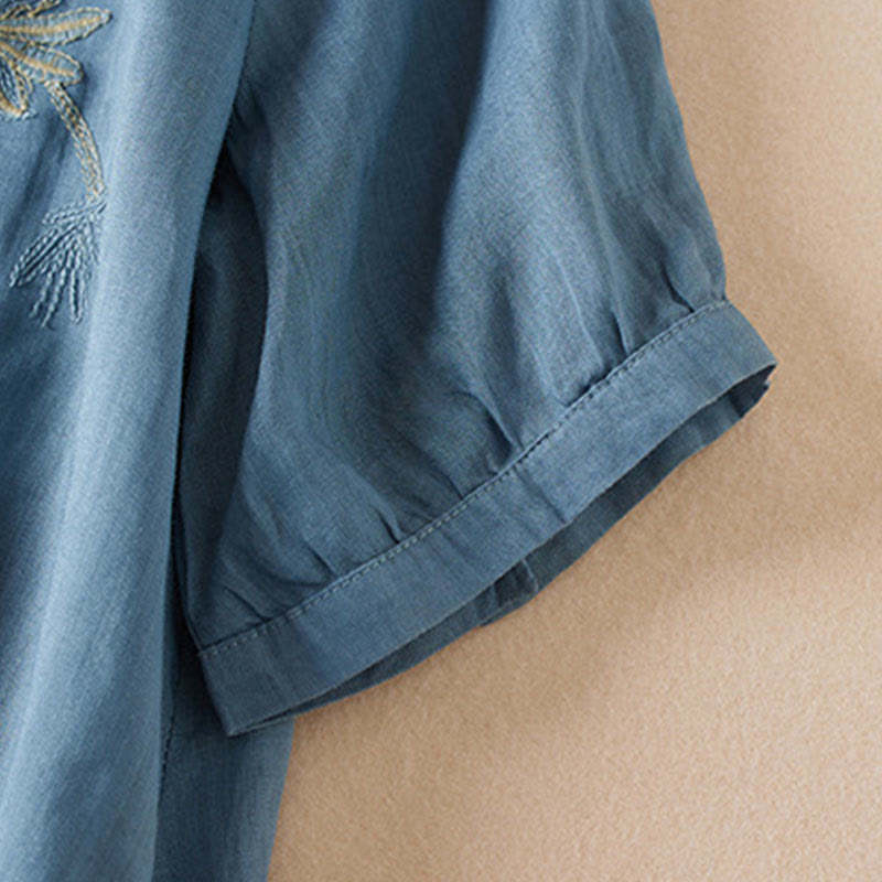 Camisa de algodón de manga corta con cuello en V y diseño de plantas bordadas informales con Buddha Stones para mujer