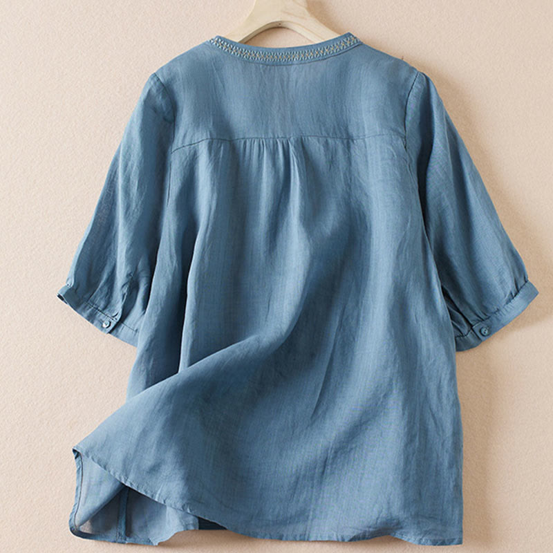 Camisa de algodón de manga corta con cuello en V y diseño de plantas bordadas informales con Buddha Stones para mujer