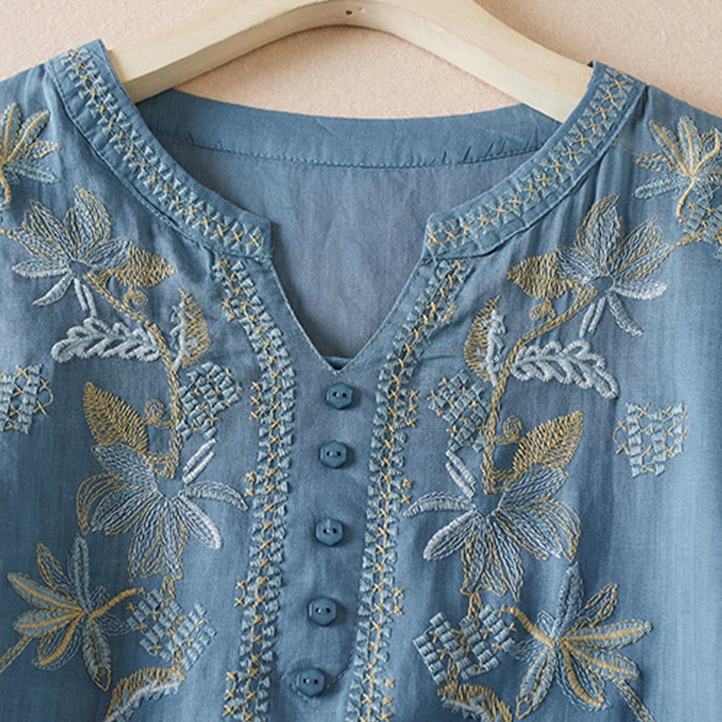 Camisa de algodón de manga corta con cuello en V y diseño de plantas bordadas informales con Buddha Stones para mujer