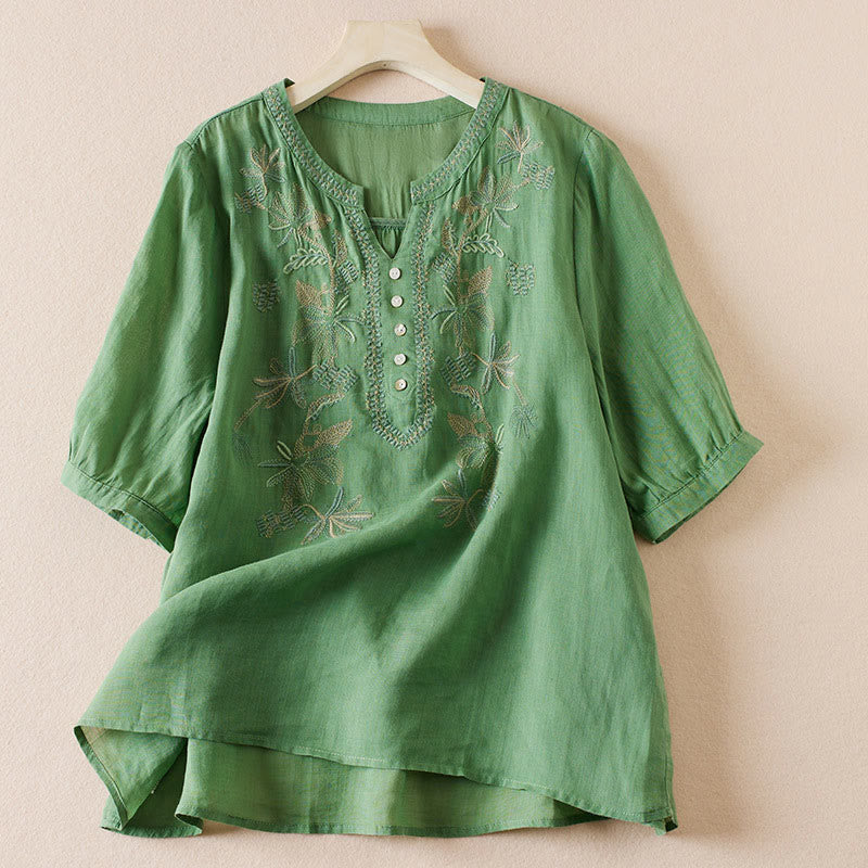 Camisa de algodón de manga corta con cuello en V y diseño de plantas bordadas informales con Buddha Stones para mujer