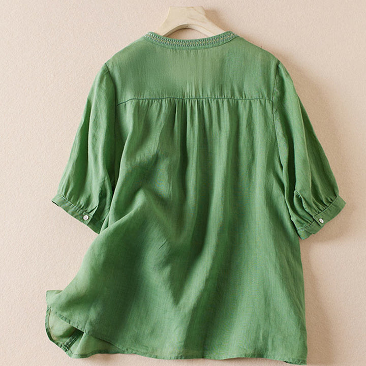 Camisa de algodón de manga corta con cuello en V y diseño de plantas bordadas informales con Buddha Stones para mujer