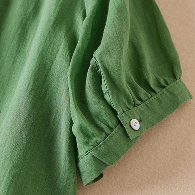 Camisa de algodón de manga corta con cuello en V y diseño de plantas bordadas informales con Buddha Stones para mujer