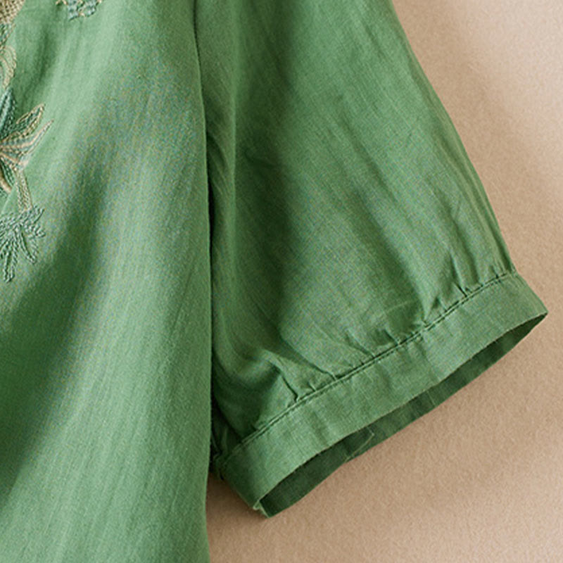 Camisa de algodón de manga corta con cuello en V y diseño de plantas bordadas informales con Buddha Stones para mujer