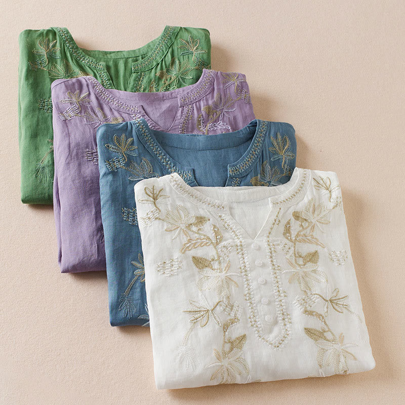 Camisa de algodón de manga corta con cuello en V y diseño de plantas bordadas informales con Buddha Stones para mujer