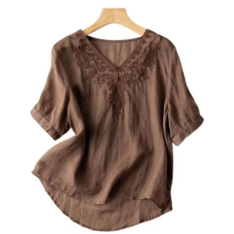 Camisa de algodón de media manga con cuello en V y diseño floral con bordado informal de Buddha Stones para mujer