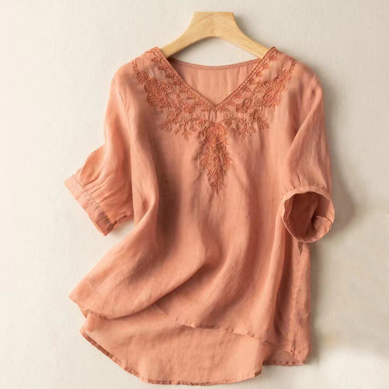 Camisa de algodón de media manga con cuello en V y diseño floral con bordado informal de Buddha Stones para mujer