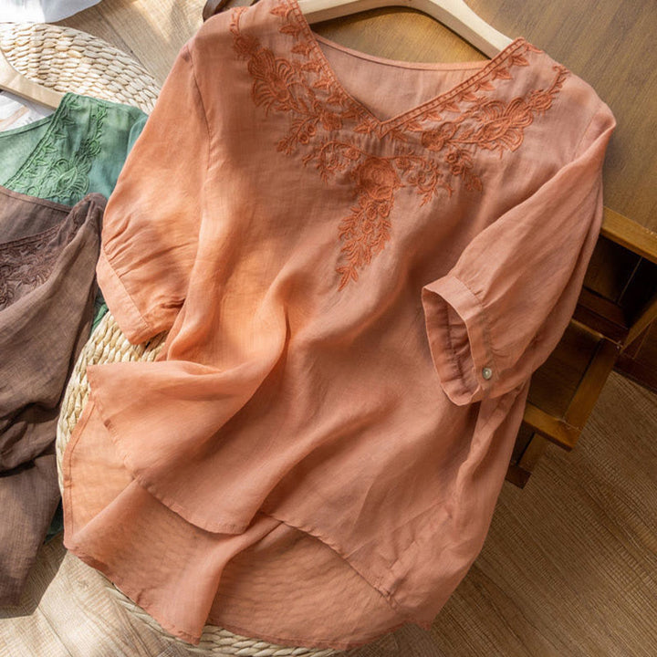 Camisa de algodón de media manga con cuello en V y diseño floral con bordado informal de Buddha Stones para mujer
