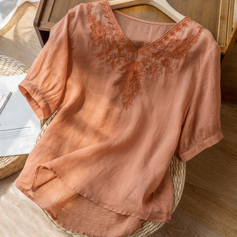Camisa de algodón de media manga con cuello en V y diseño floral con bordado informal de Buddha Stones para mujer