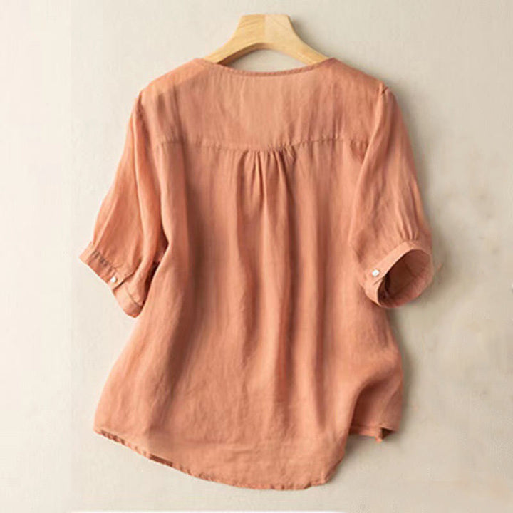 Camisa de algodón de media manga con cuello en V y diseño floral con bordado informal de Buddha Stones para mujer