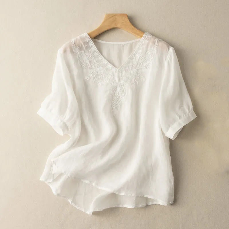 Camisa de algodón de media manga con cuello en V y diseño floral con bordado informal de Buddha Stones para mujer