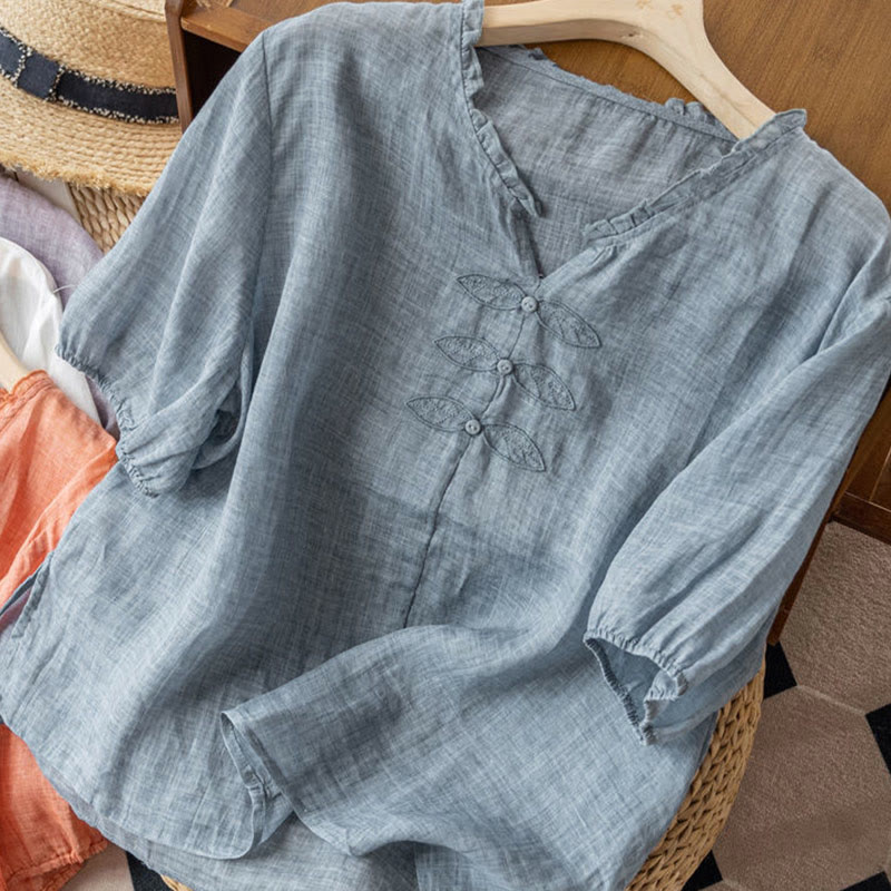 Camisa de algodón de media manga con cuello en V y diseño de hojas bordadas con Buddha Stones para mujer - image 1