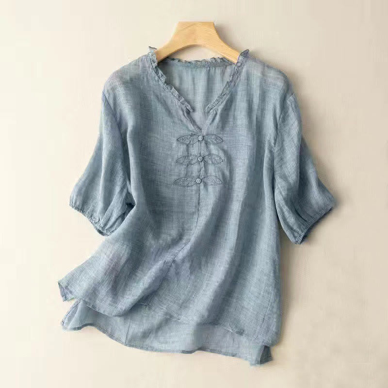 Camisa de algodón de media manga con cuello en V y diseño de hojas bordadas con Buddha Stones para mujer - Azul cielo claro - US12, UK/AU16, EU44 (3XL) - image 0